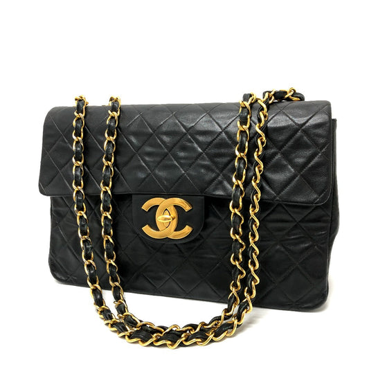 Chanel Shoulder Bag Leather Black W Chain Deca Trasse 34 Women Used Authentic