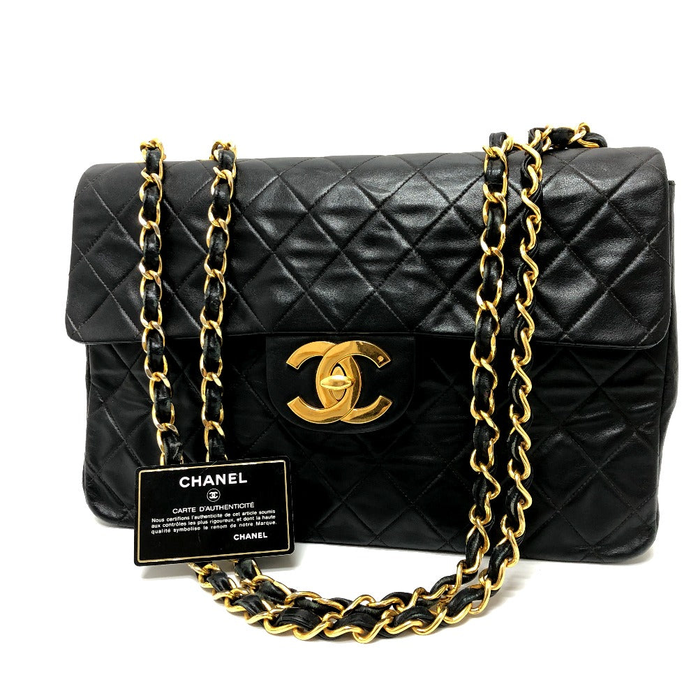 Chanel Shoulder Bag Leather Black W Chain Deca Trasse 34 Women Used Authentic