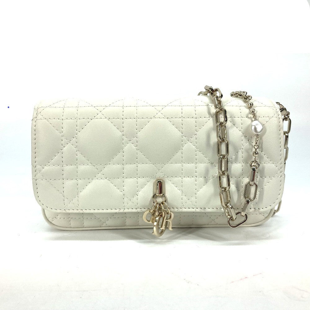 Dior Shoulder Bag S0977 Onmj Lambskin White Crossbody Chain Bag Lady Dior Phone Pouch Women Used Authentic