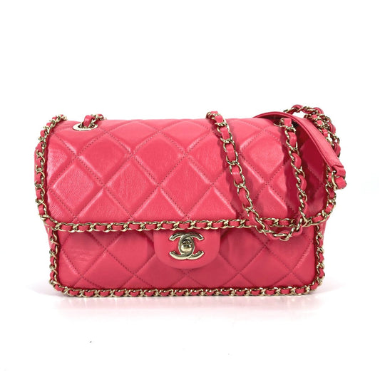 Chanel Shoulder Bag Leather Pink Round Chain Cc Coco Mark Women Used Authentic