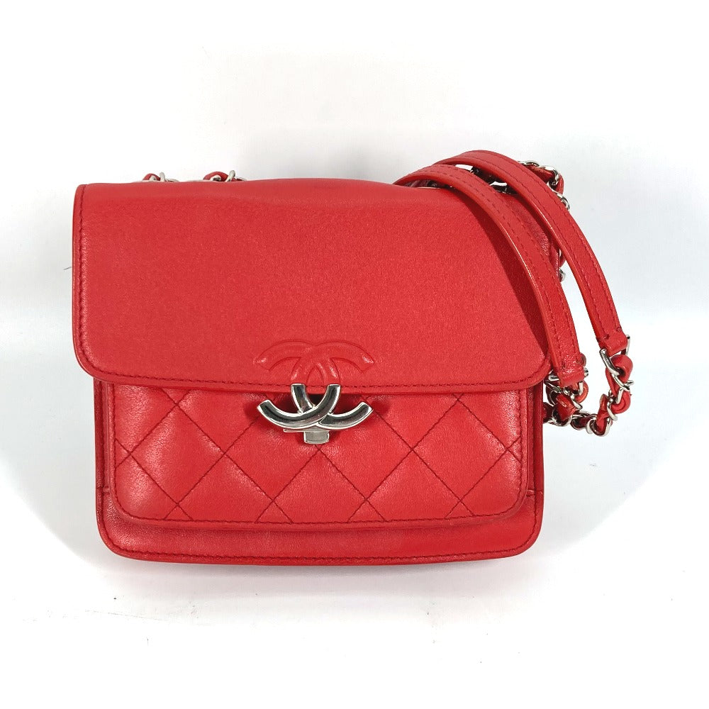 Chanel Shoulder Bag Leather Red W Chain Double Cc Coco Mark Women Used Authentic