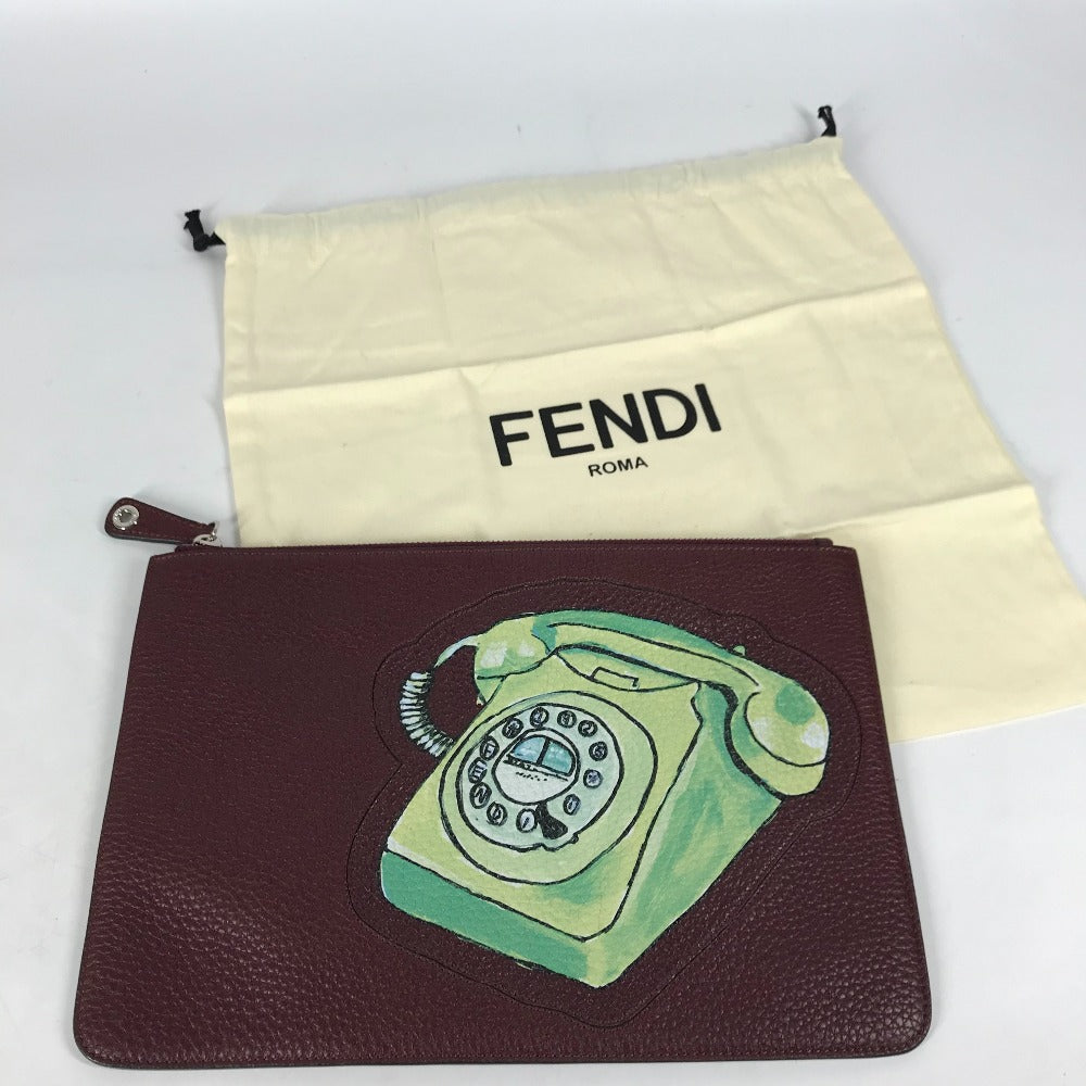 Fendi Clutch Bag 7 N0078 Leather Brown Type Pouch Pouch Telephone Design Mens Used Authentic