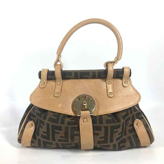 Fendi Handbag Leather / Canvas Brown Turn Lock Zucca Women Used Authentic