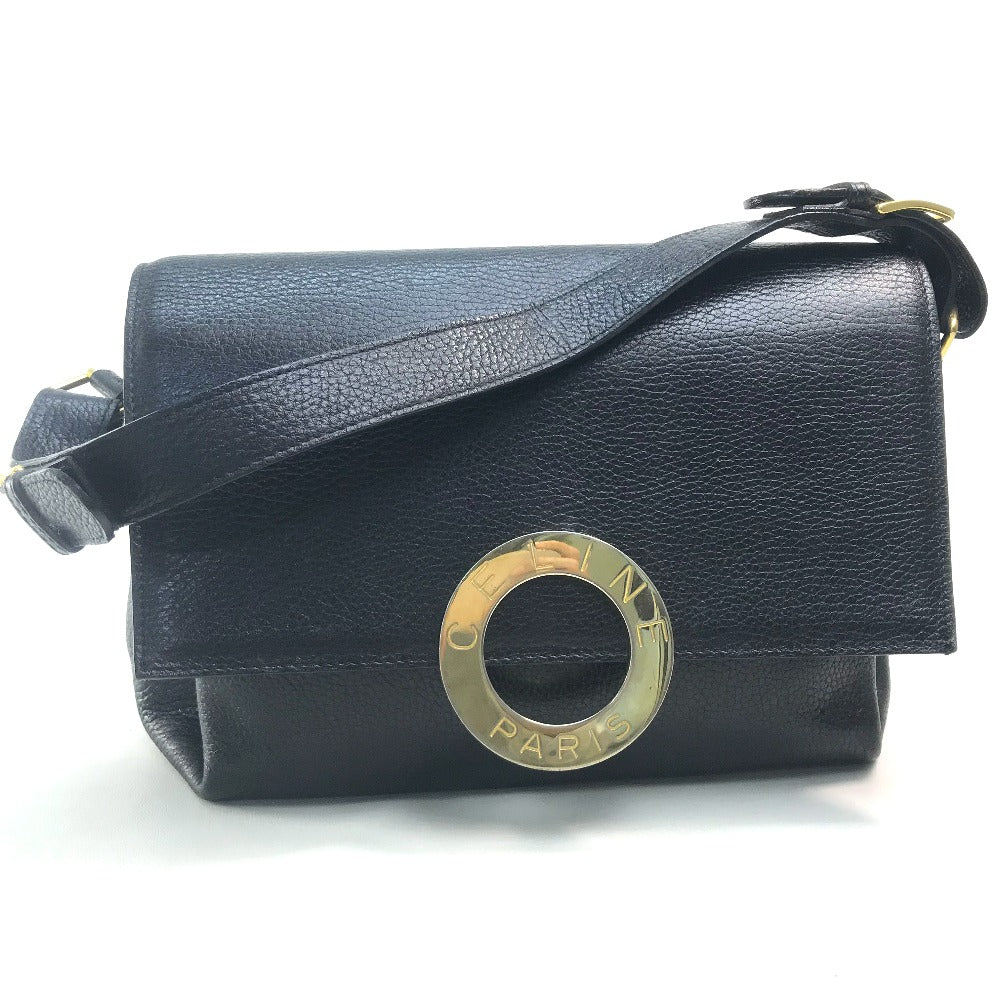 Celine Handbag Leather Black X Gold Metal Vintage Circle Logo Women Used Authentic