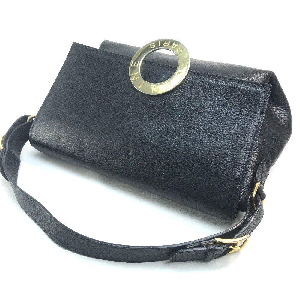 Celine Handbag Leather Black X Gold Metal Vintage Circle Logo Women Used Authentic