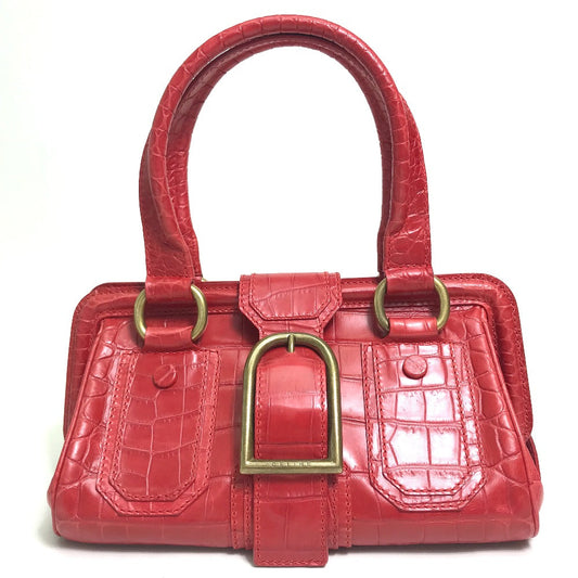 Celine Handbag Leather Red Belt Embossing Women Used Authentic