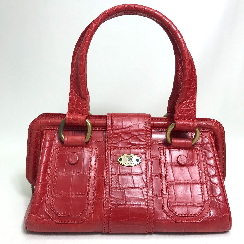 Celine Handbag Leather Red Belt Embossing Women Used Authentic