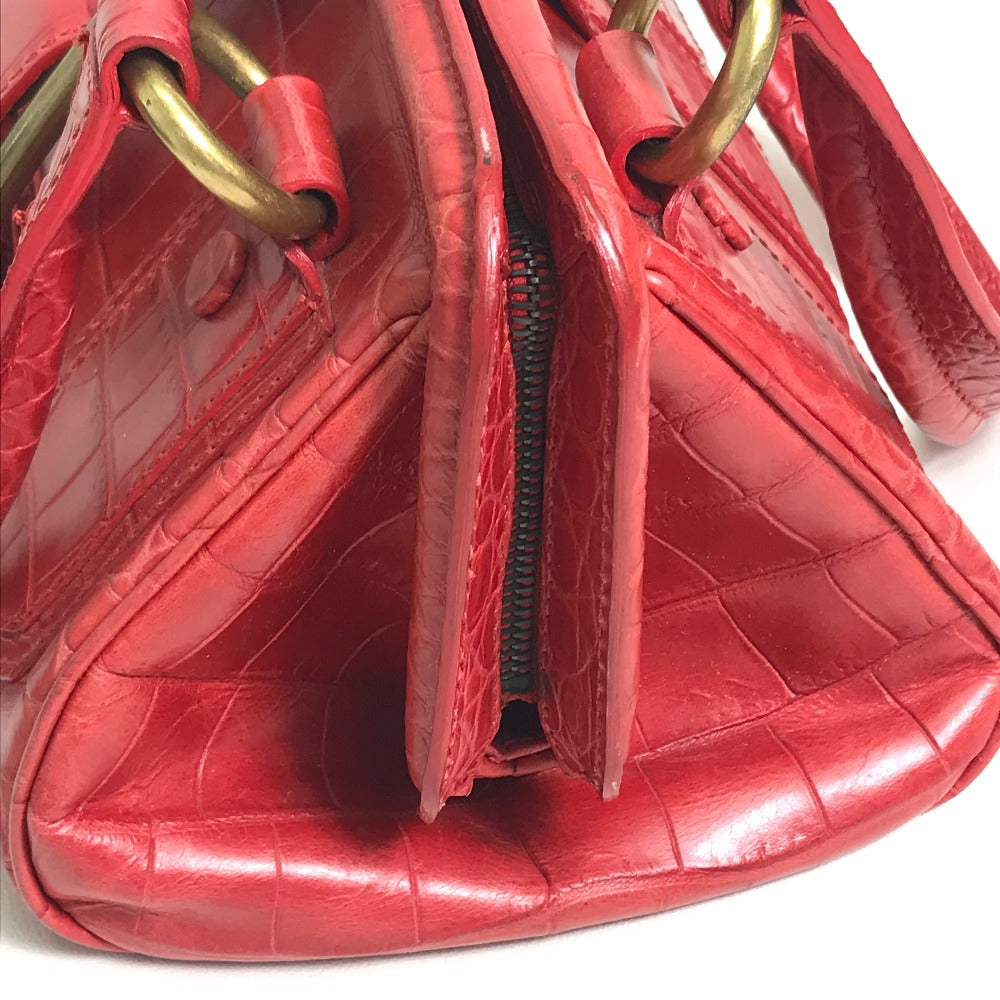 Celine Handbag Leather Red Belt Embossing Women Used Authentic