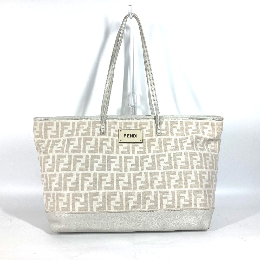 Fendi Shoulder Bag 8 Bh185 Leather / Canvas White Bag Shoulder Bag Tote Bag Zucca Logo Metal Plate Women Used Authentic