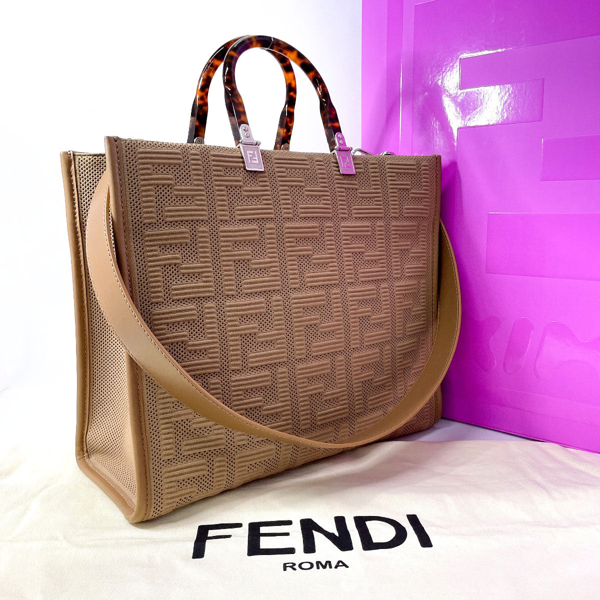 Fendi Tote Bag 8 Bh386 Ahwc F09 Yl Nylon, Leather Brown Fend Ix Skims Sunshine Medium Women Used Authentic