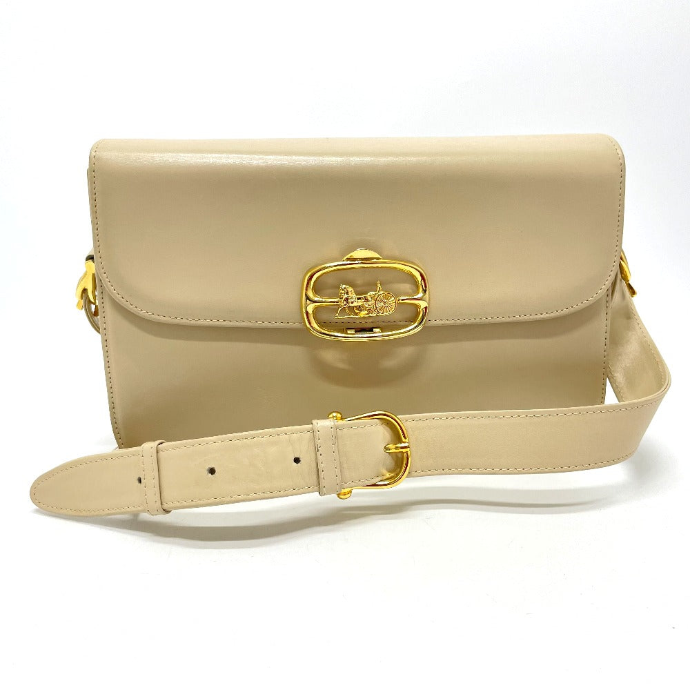 Celine Shoulder Bag Leather Beige X Gold Metal Carriage Metal Vintage Women Used Authentic