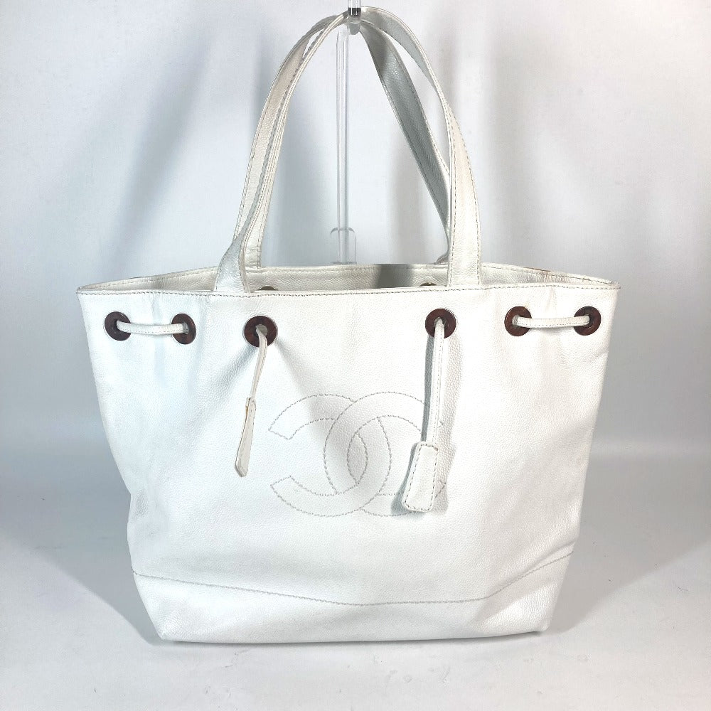 Chanel Tote Bag Caviar Skin White Cc Coco Mark Purse Women Used Authentic