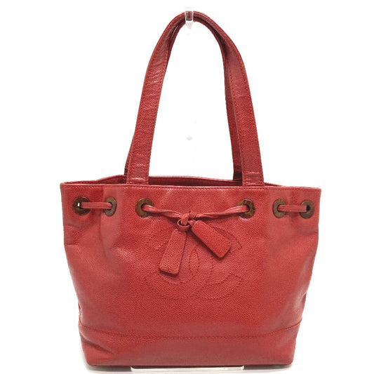 Chanel Tote Bag Caviar Skin Red Cc Coco Mark Wood Like Drawstring Type Women Used Authentic