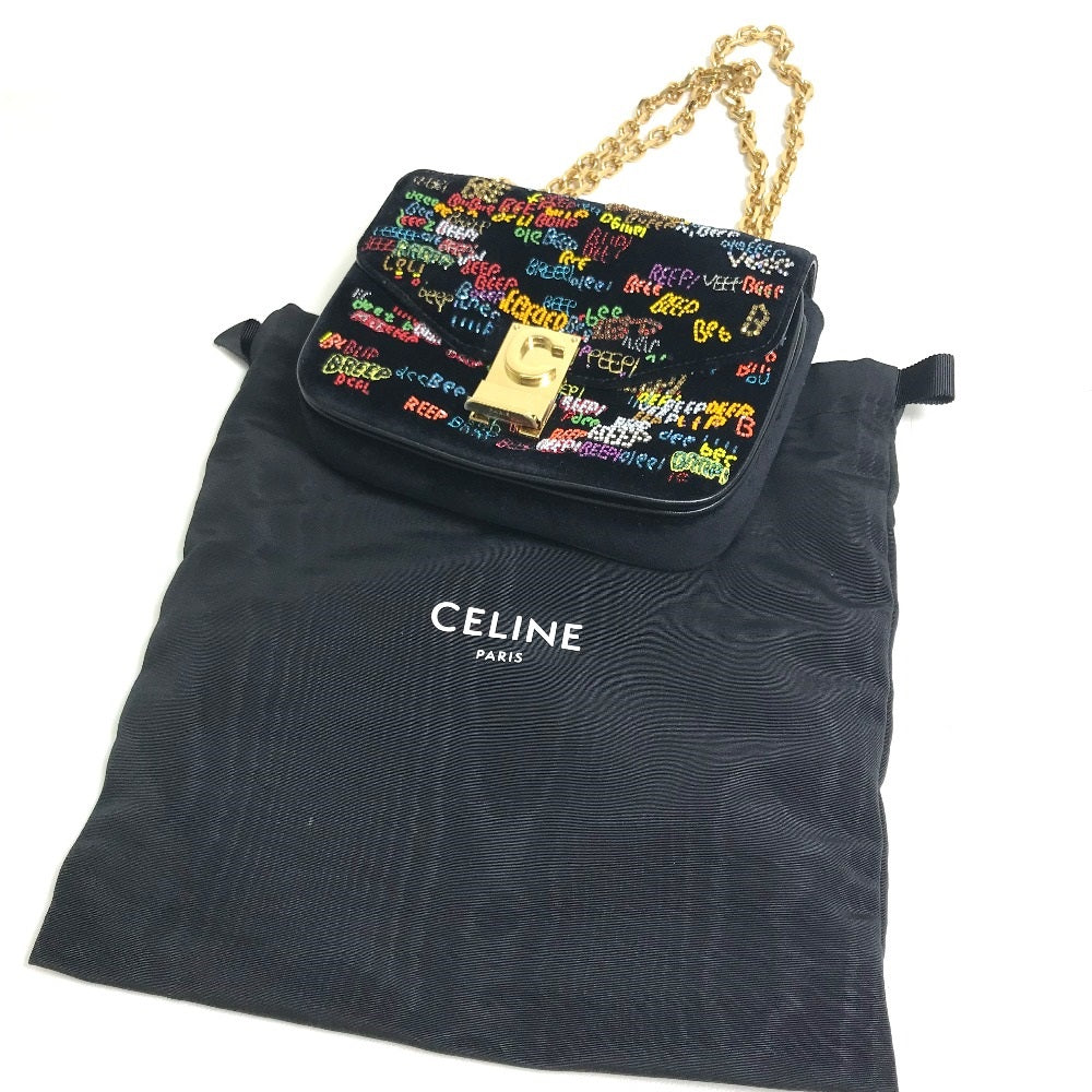 Celine Shoulder Bag Suede Black X Multicolor Small C Multi Beads Women Used Authentic