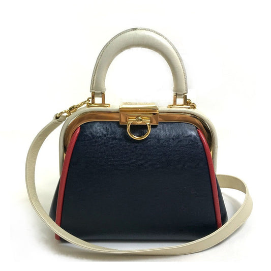 Christian Dior Handbag Leather Navy X White Type X Red Tricolor Vintage Gamaguchi Women Used Authentic