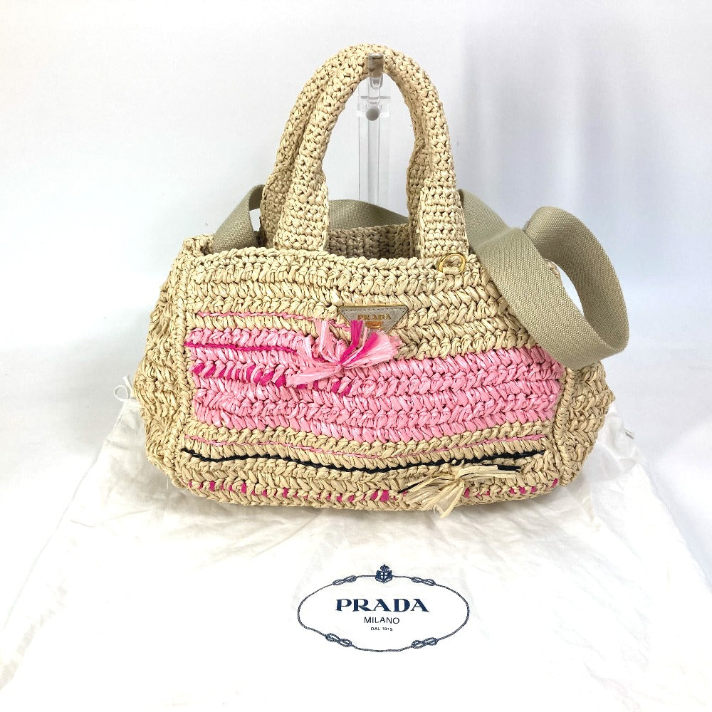 Prada Handbag Raffia Beige Triangle Logo Plate Canapa Women Used Authentic