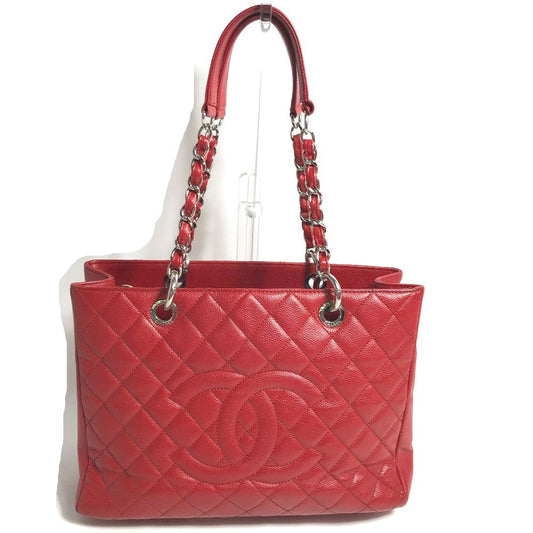 Chanel Tote Bag A50995 Caviar Skin Red Cc Coco Mark Shoulder Bag Matelasse Quilting Women Used Authentic