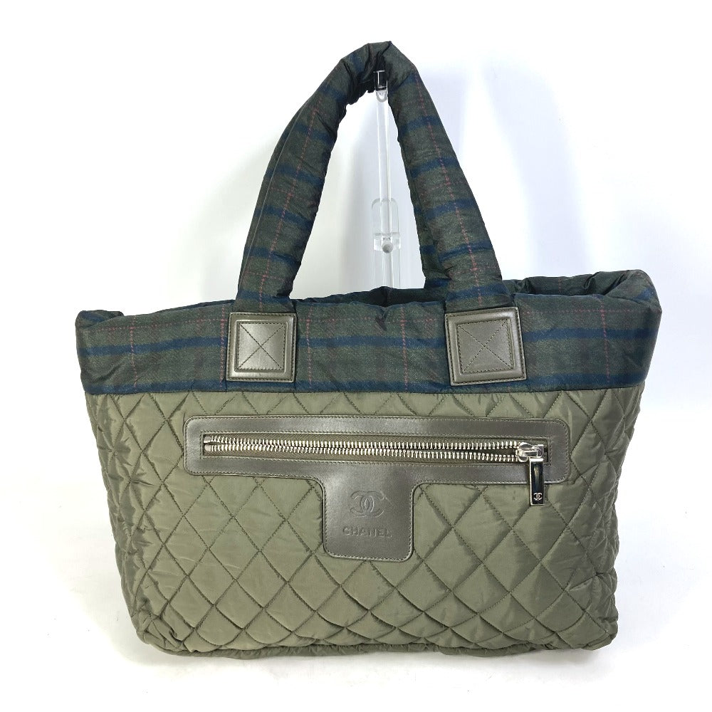 Chanel Tote Bag A48611 Nylon Khaki Quilted Shawl Cococoon Women Used Authentic