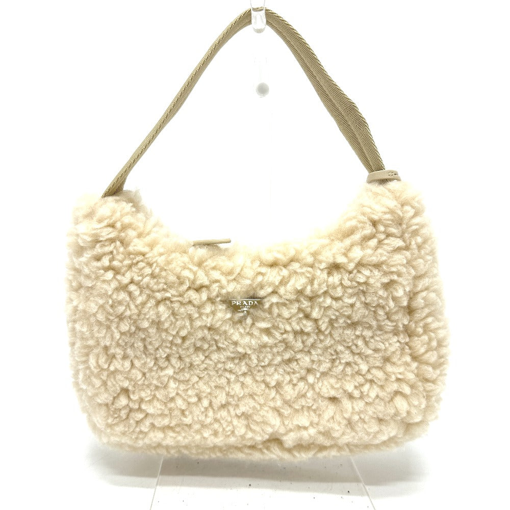 Prada Handbag 1 Ne515 Sheep Fur Beige Triangle Logo Women Secondhand Authentic