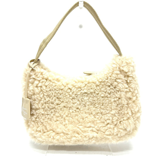 Prada Handbag 1 Ne515 Sheep Fur Beige Triangle Logo Women Secondhand Authentic