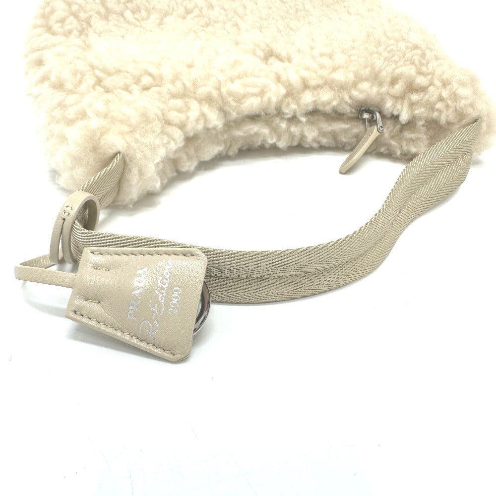 Prada Handbag 1 Ne515 Sheep Fur Beige Triangle Logo Women Secondhand Authentic