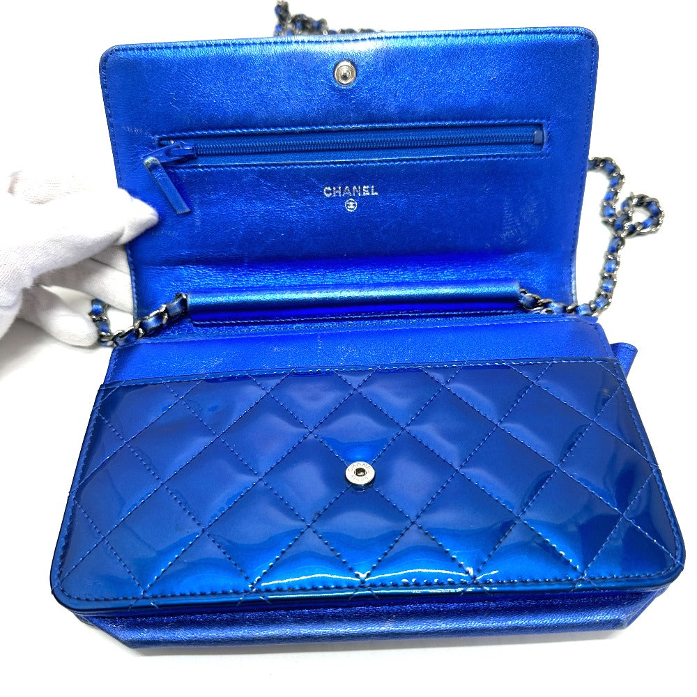 Chanel Shoulder Bag Patent Leather Gunmetal Blue Long Wallet Purse Bag Chain Bag Boy Chanel Cc Coco Mark Women Used Authentic