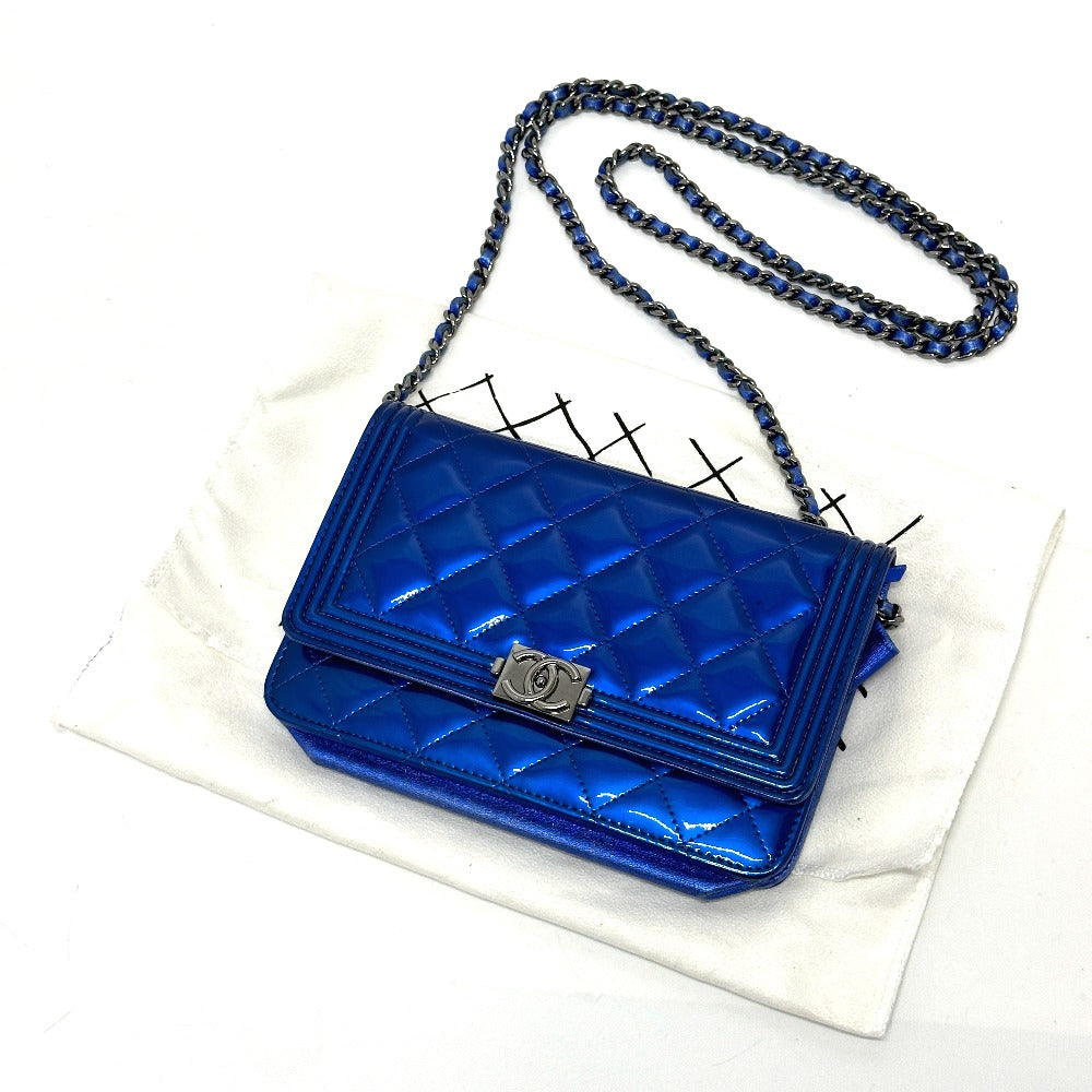 Chanel Shoulder Bag Patent Leather Gunmetal Blue Long Wallet Purse Bag Chain Bag Boy Chanel Cc Coco Mark Women Used Authentic