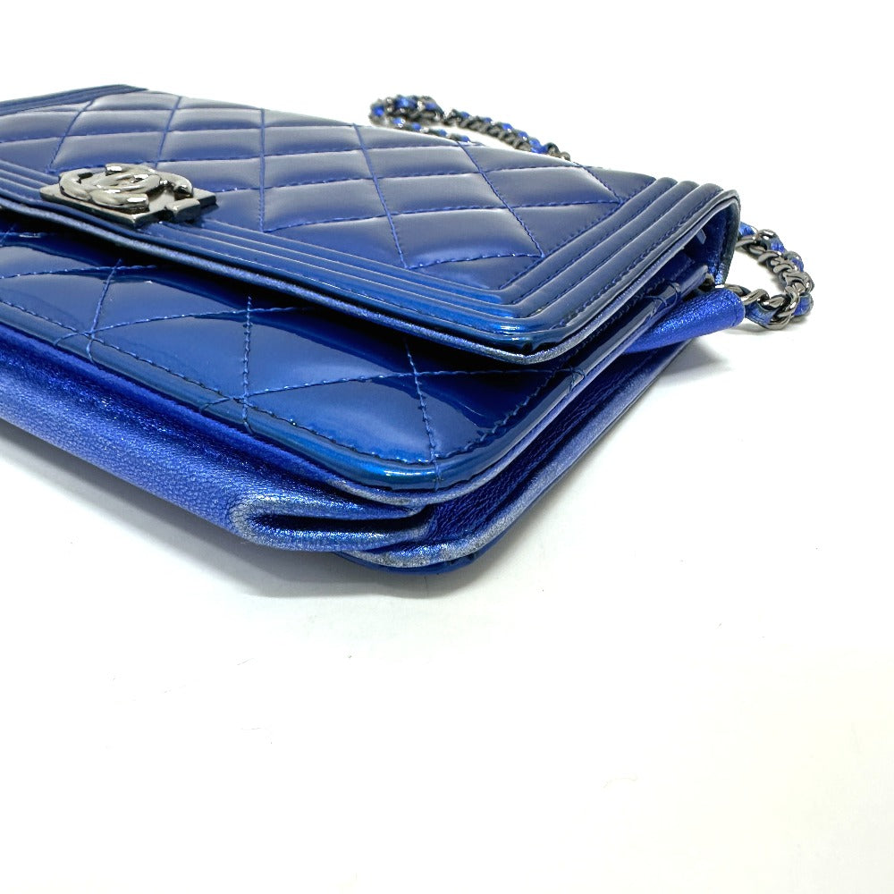 Chanel Shoulder Bag Patent Leather Gunmetal Blue Long Wallet Purse Bag Chain Bag Boy Chanel Cc Coco Mark Women Used Authentic