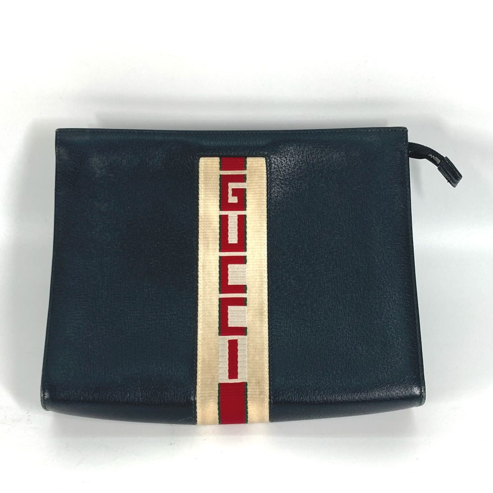 Gucci Clutch Bag 475316 Leather Black Pouch Bag Web Stripe Logo Mens Used Authentic