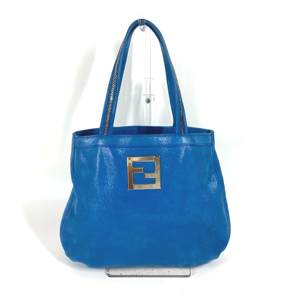 Fendi Shoulder Bag Leather Blue Ff Logo Chain Women Used Authentic