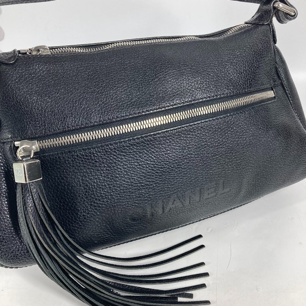 Chanel Shoulder Bag Leather Black One Belt Shoulder Bag Logo Fringe Tassel Women Used Authentic