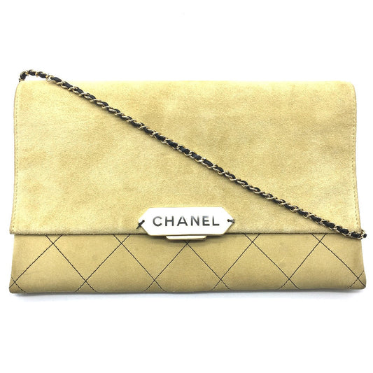 Chanel Shoulder Bag Suede Beige X Gold Metal Chanel Logo Matrasse Women Used Authentic