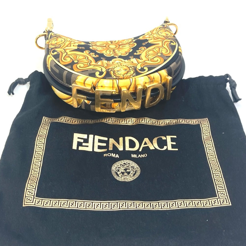 Fendi Handbag 7 As089 Nylon / Leather Yellow Nano Fendigraphy Fendace Fendace Women Used Authentic