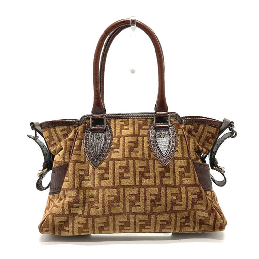 Fendi Handbag Leather / Suede Brown Zucca Ff Pattern Logo Etnico Women Used Authentic