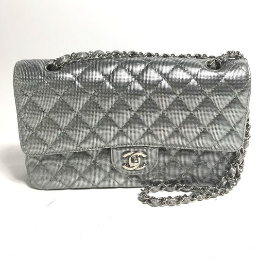 Chanel Shoulder Bag Leather Silver Coco Mark Cc Matrasse 25 Women Used Authentic