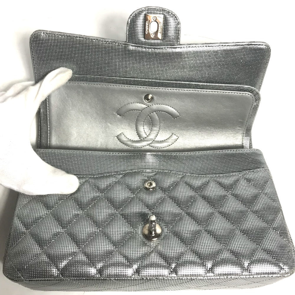 Chanel Shoulder Bag Leather Silver Coco Mark Cc Matrasse 25 Women Used Authentic