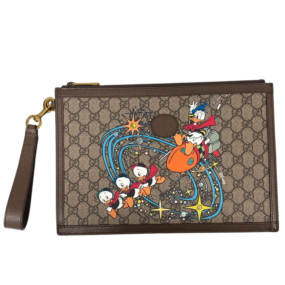 Gucci Clutch Bag 647925 Pvc, Leather Brown Disney Donald Gg Supreme Mens(unisex) Used Authentic