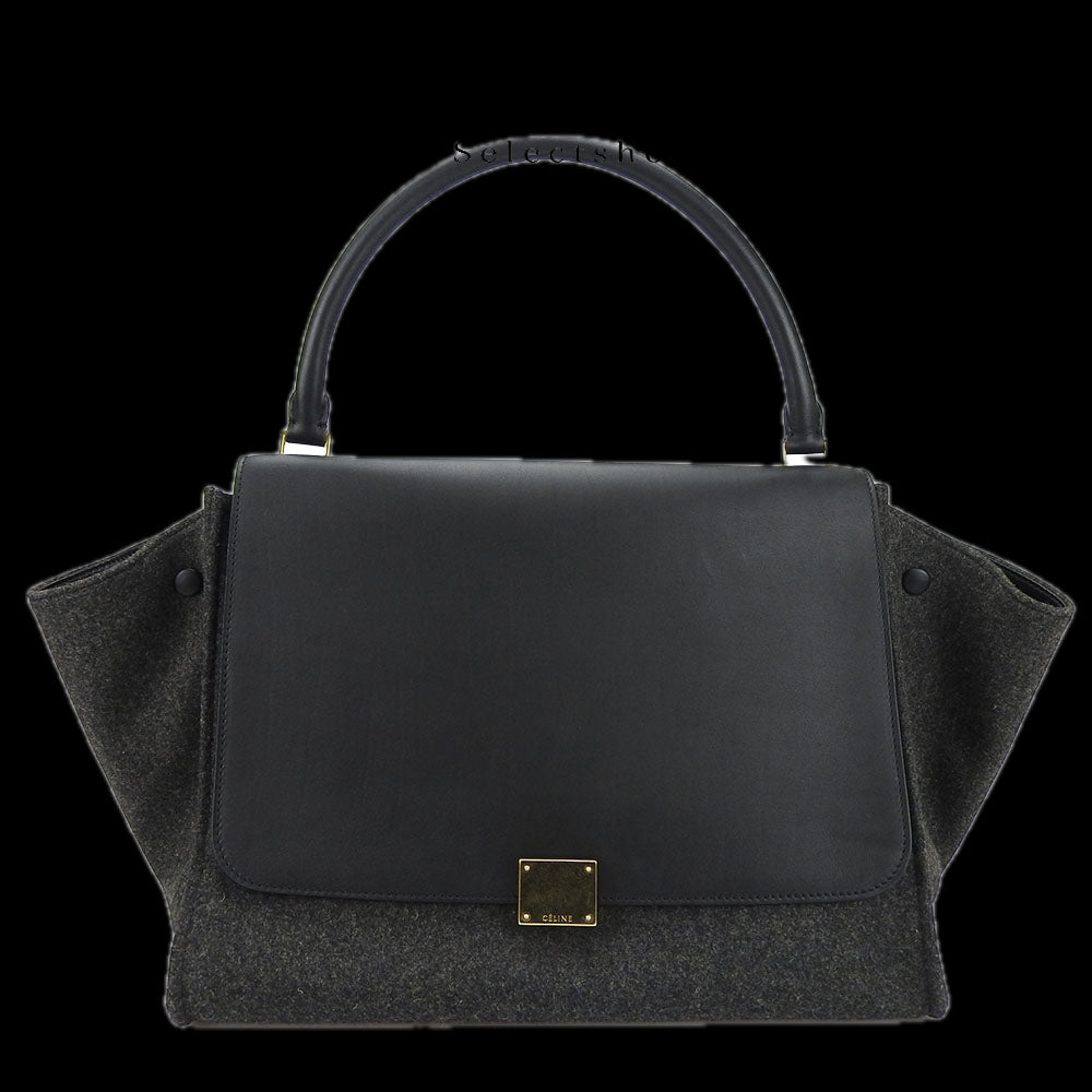 Celine Handbag Leather, Wool Black Trapeze Women Used Authentic