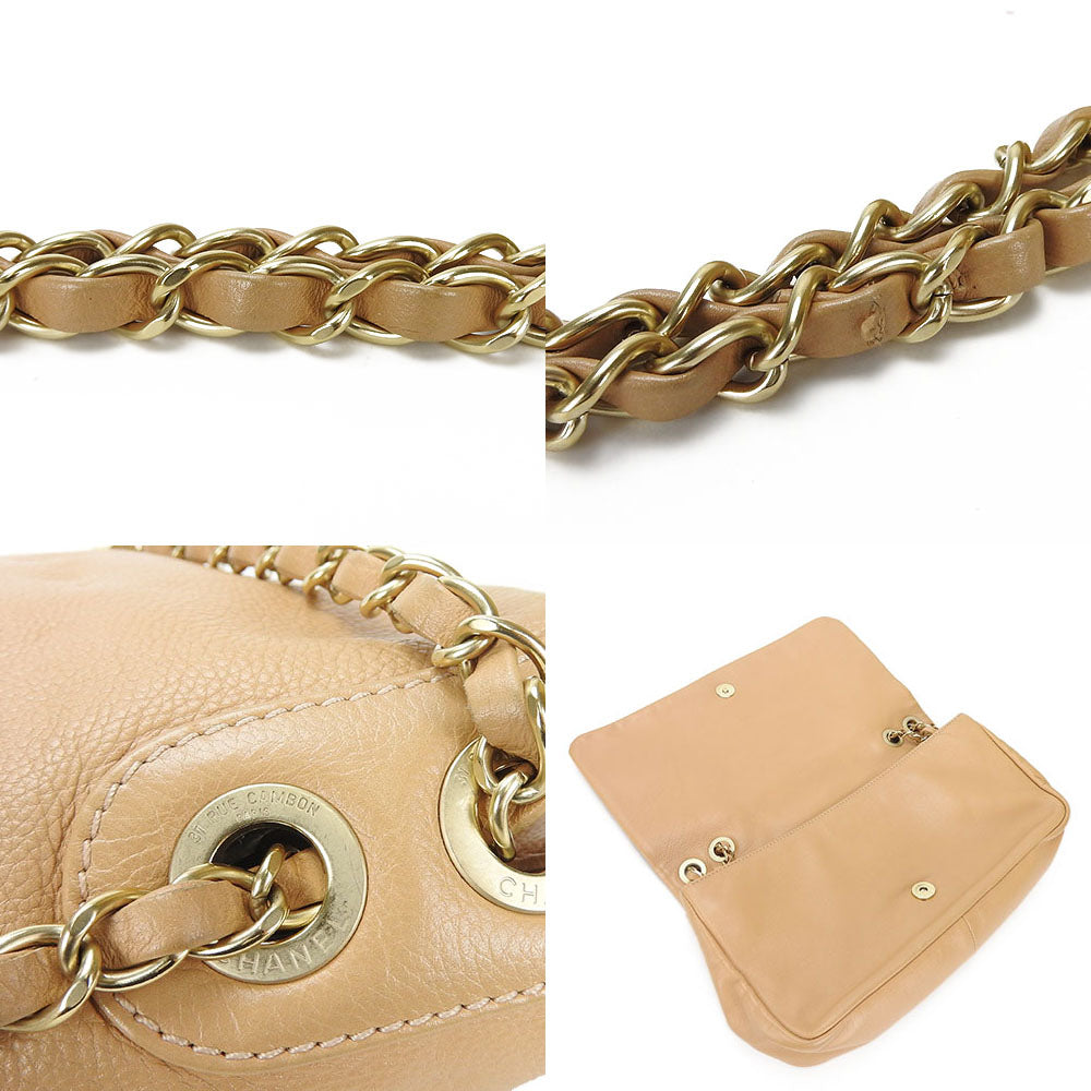 Chanel Shoulder Bag Leather Beige Coco Mark Chain Shoulder Women Used Authentic