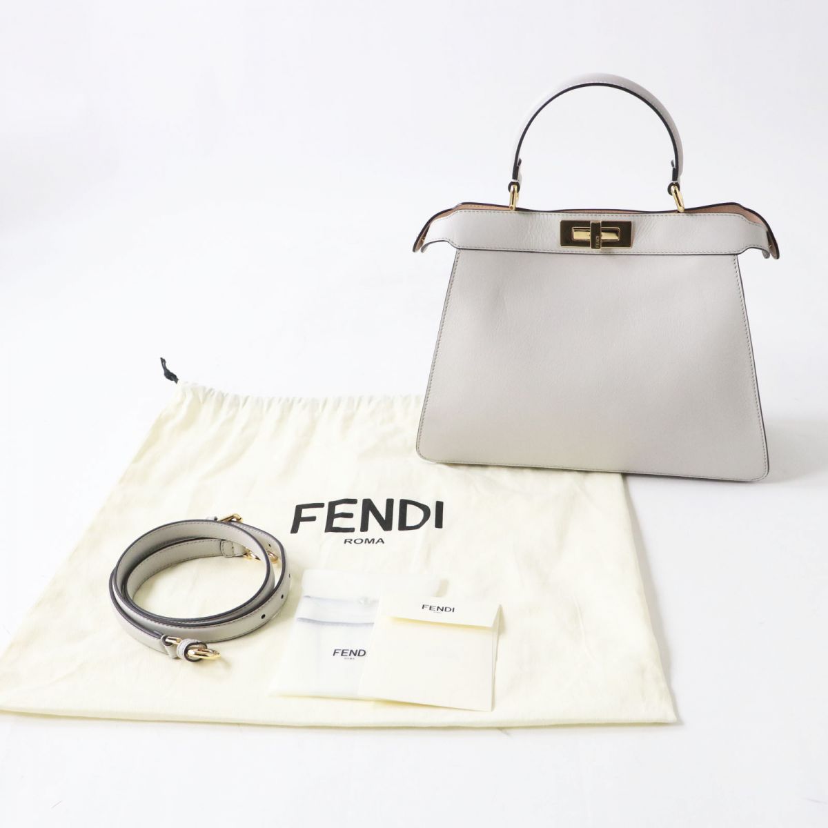 Fendi Shoulder Bag Leather Light Gray X Gold Metal Women Used Authentic