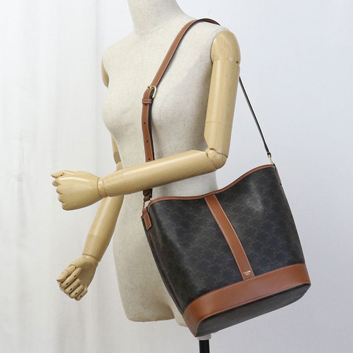 Celine 19144 2 Cas 04 Lu Shoulder Bag Triomphe Canvas Small Bucket Pvc, Leather Brown Women