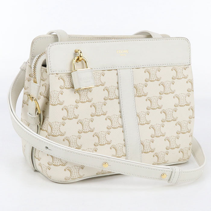 Celine Shoulder Bag Triomphe Canvas Diagonal Pvc Leather White Women