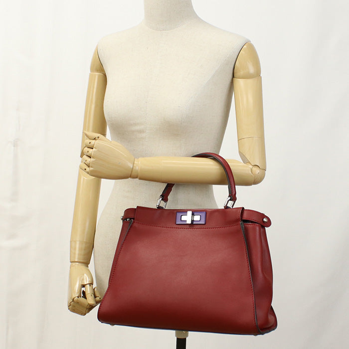 Fendi 8 Bn290 3 Zn Peekaboo 2 Way Hand Shoulder Bag Leather Red Women