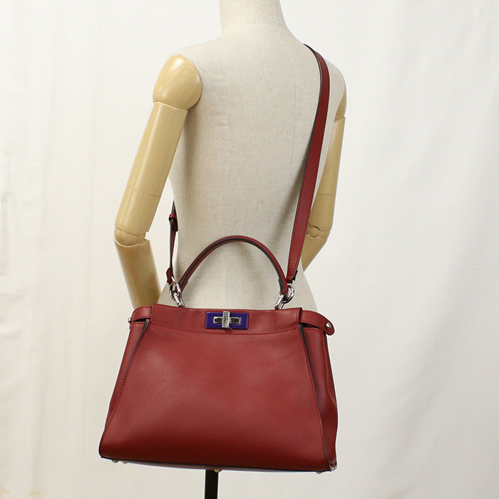 Fendi 8 Bn290 3 Zn Peekaboo 2 Way Hand Shoulder Bag Leather Red Women