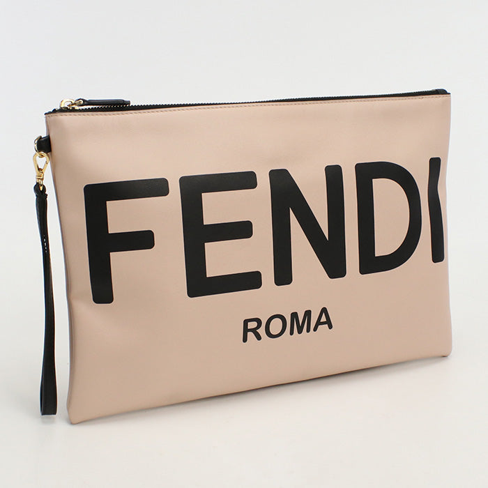 Fendi 8 N0178 Fendi Rome Logo Aehr Large Flat Pouch Clutch Bag Leather Pink Women