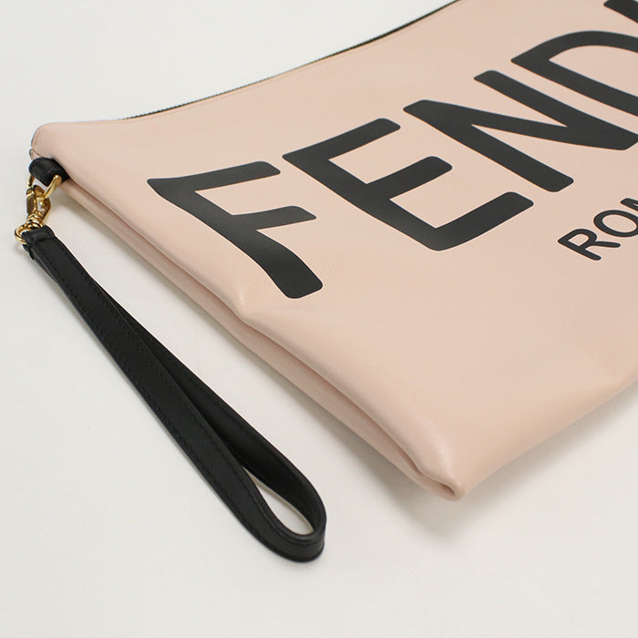 Fendi 8 N0178 Fendi Rome Logo Aehr Large Flat Pouch Clutch Bag Leather Pink Women