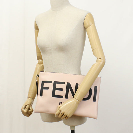 Fendi 8 N0178 Fendi Rome Logo Aehr Large Flat Pouch Clutch Bag Leather Pink Women