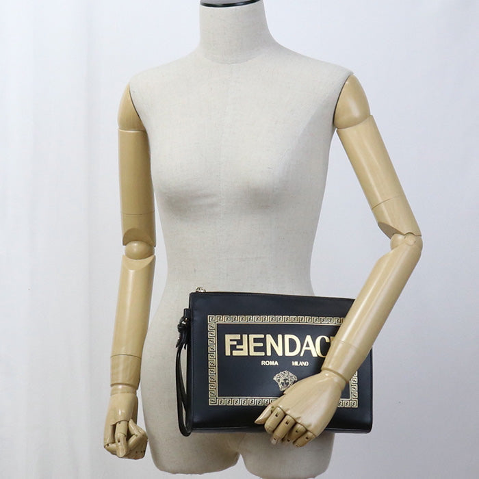 Fendi 7 Va491 Clutch Bag Fendace Second Bag Leather Black Unisex