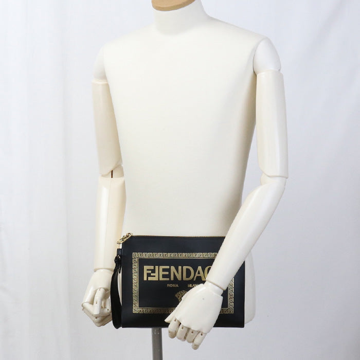 Fendi 7 Va491 Clutch Bag Fendace Second Bag Leather Black Unisex