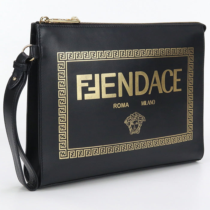 Fendi 7 Va491 Clutch Bag Fendace Second Bag Leather Black Unisex